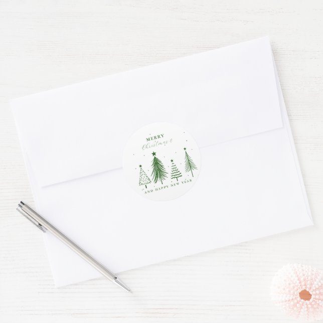 Simple Christmas Pine Tree Pattern | Green Classic Round Sticker (Envelope)