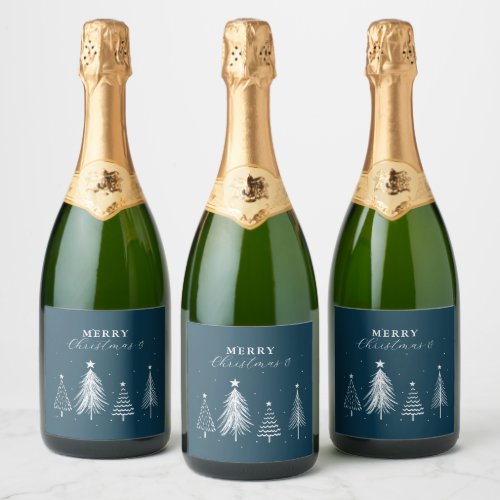 Simple Christmas Pine Tree Pattern  Navy Blue Sparkling Wine Label