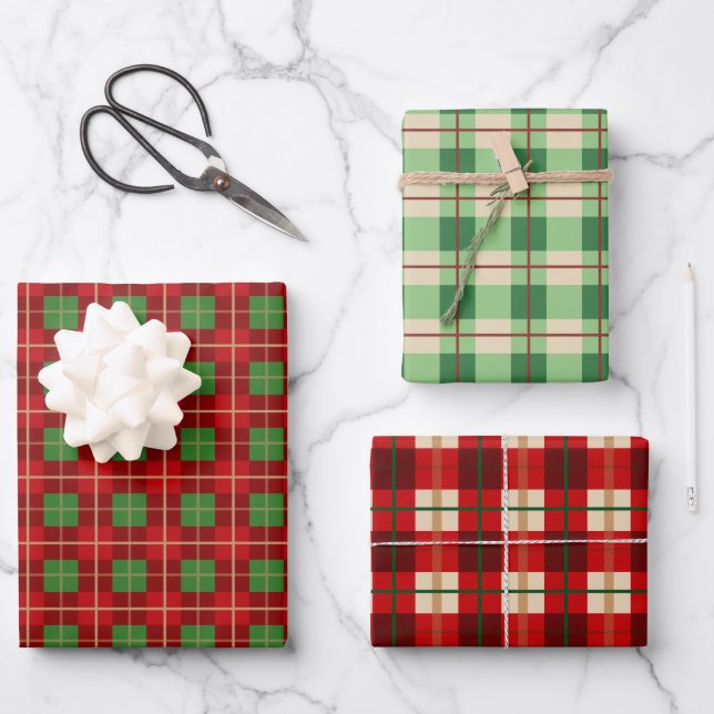 Simple Christmas Plaid Red And Green Checkered Wrapping Paper Sheets (Front)