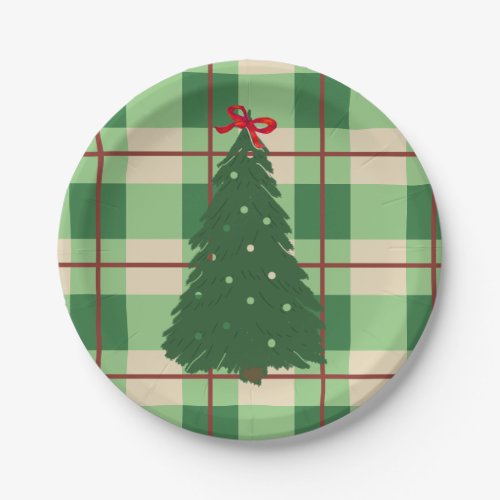 Simple Christmas Plaid Red And Green Fir Tree  Paper Plates