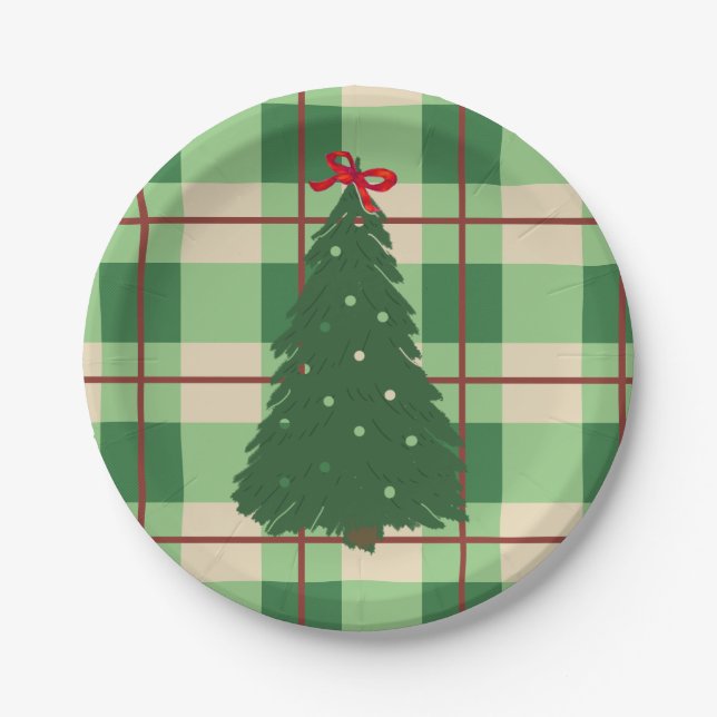 Simple Christmas Plaid Red And Green Fir Tree  Paper Plates (Front)