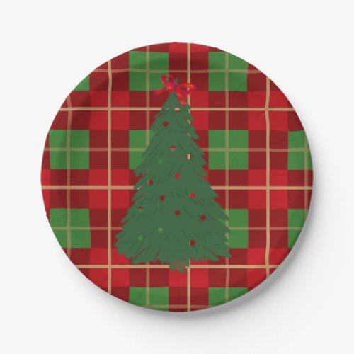 Simple Christmas Plaid Red And Green Fir Tree   Paper Plates