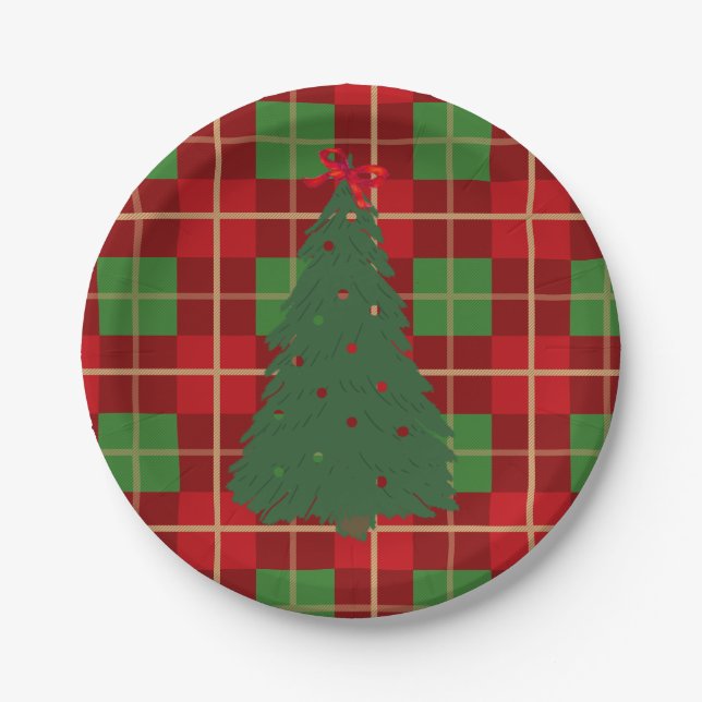 Simple Christmas Plaid Red And Green Fir Tree   Paper Plates (Front)