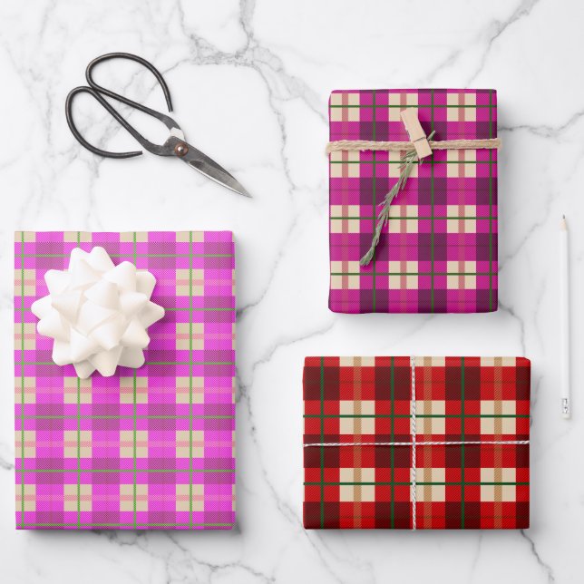 Simple Christmas Plaid Red And Pink Checkered Wrapping Paper Sheets (Front)