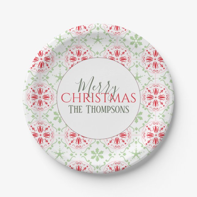 Simple Christmas Red and Green Cute Snowflake  Paper Plates (Front)