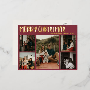Simple Christmas Red Five Photo Gold Foil Holiday Postcard