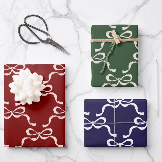 Simple Christmas Red Green Blue Bows Wrapping Paper Sheets (Front)