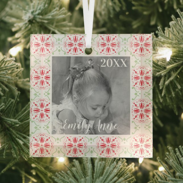 Simple Christmas Red Green Snowflake Pattern Photo Glass Ornament (Insitu)