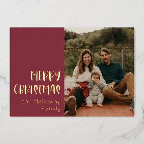 Simple Christmas  Red Single Photo Gold Foil Holiday Card