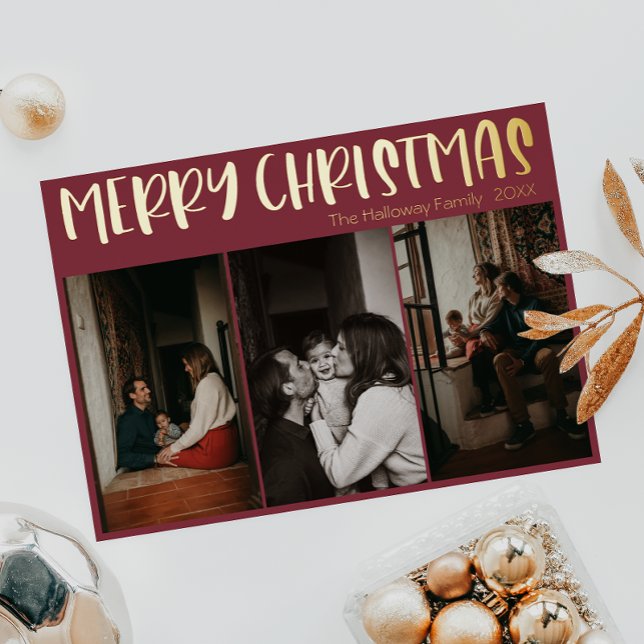 Simple Christmas Red Three Photo | Gold Foil Holiday Card (Creator Uploaded)