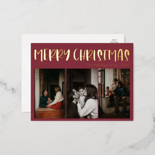 Simple Christmas Red Three Photo  Gold Foil Holiday Postcard