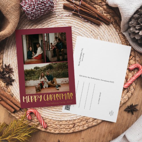 Simple Christmas Red Vertical 3 Photo  Gold Foil Holiday Postcard