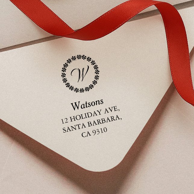 Simple Christmas Snowflakes Family Address Self-inking Stamp (Christmas return address stamp with snowflake crest monogram and your custom name and address)