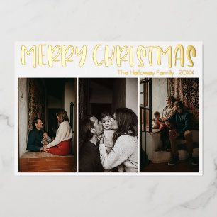 Simple Christmas Three Photo Gold Foil Holiday Card