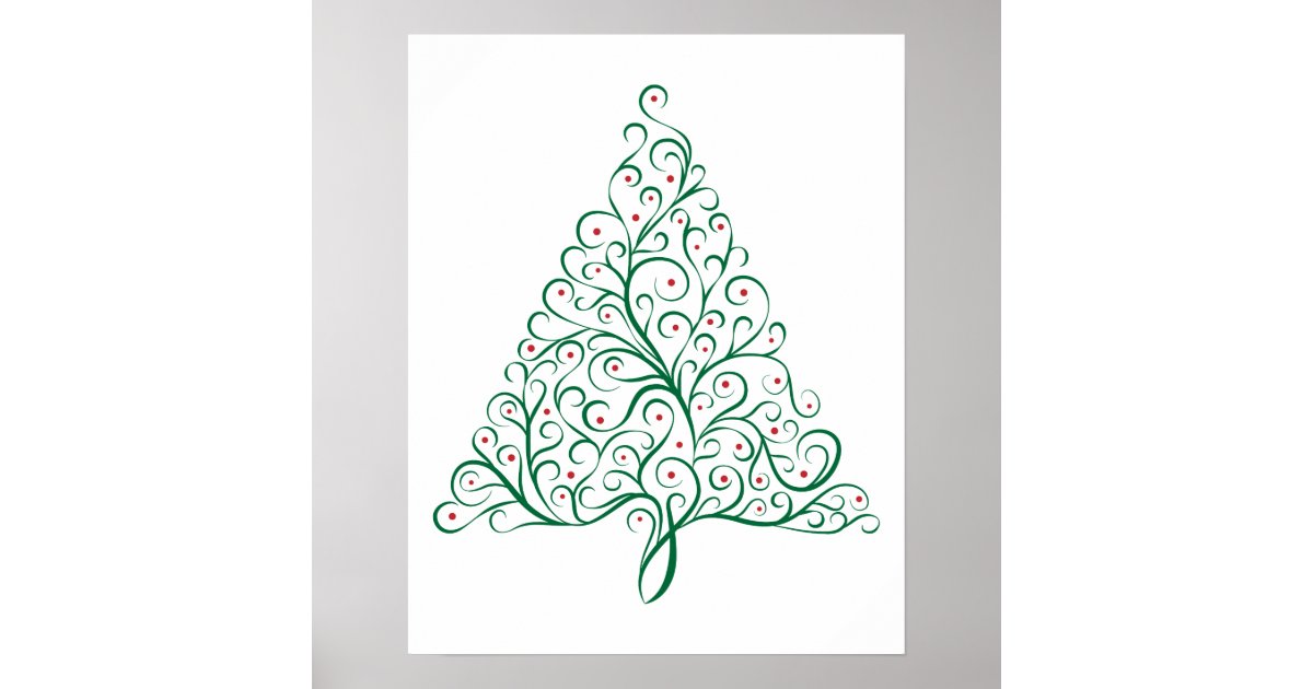 Simple Christmas Tree Flourish in red and green Poster | Zazzle