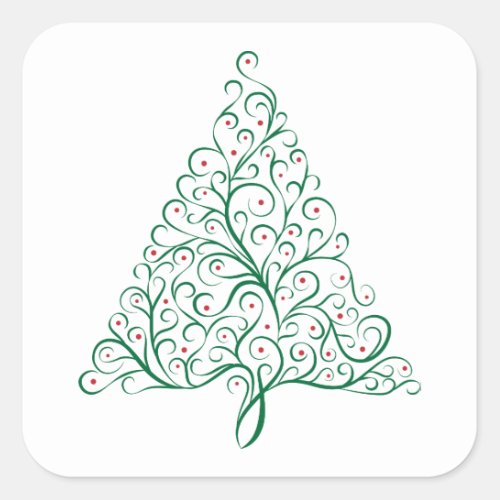 Simple Christmas Tree Flourish in red and green Square Sticker