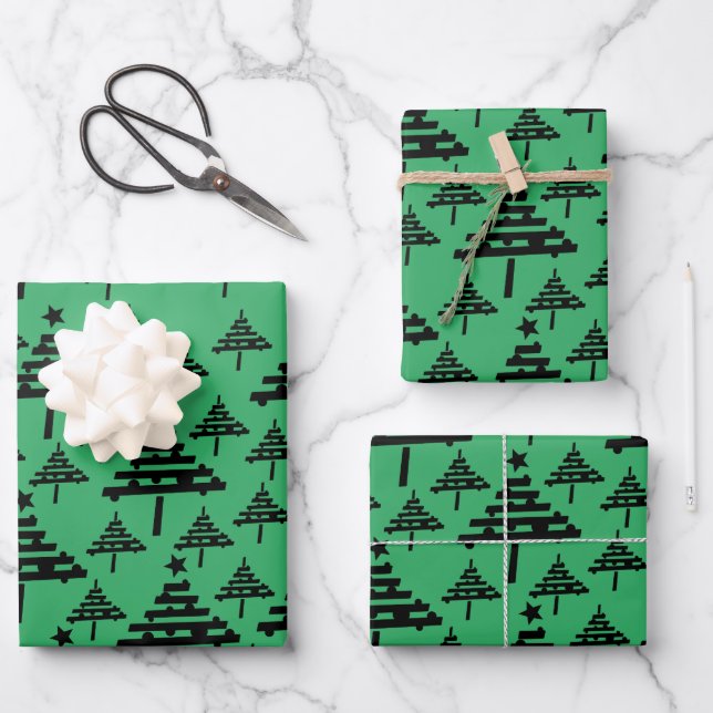 Simple Christmas Tree Pattern Black Green Holidays Wrapping Paper Sheets (Front)