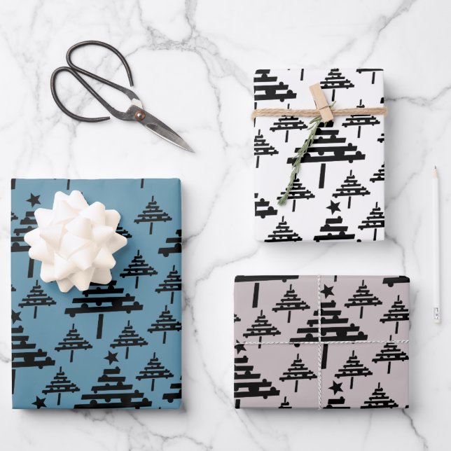 Simple Christmas Tree Pattern Blue Beige Holiday Wrapping Paper Sheets (Front)