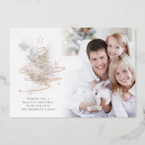 Simple Christmas Tree Photo Watercolors Real  Foil Holiday Card