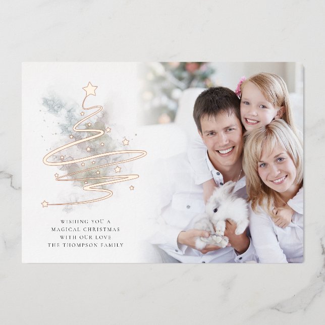Simple Christmas Tree Photo Watercolors Real  Foil Holiday Card (Front)