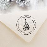 Simple Christmas Tree Return Address Rubber Stamp<br><div class="desc">This round rubber stamp features a rustic black Christmas tree with a star,  round ornaments,  snow,  and a return address. For more advanced customization of this design,  please click the "customize further" link.</div>