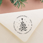 Simple Christmas Tree Return Address  Rubber Stamp<br><div class="desc">This round rubber stamp features a rustic black Christmas tree with a star,  round ornaments,  snow,  and a return address. For more advanced customization of this design,  please click the "customize further" link.</div>