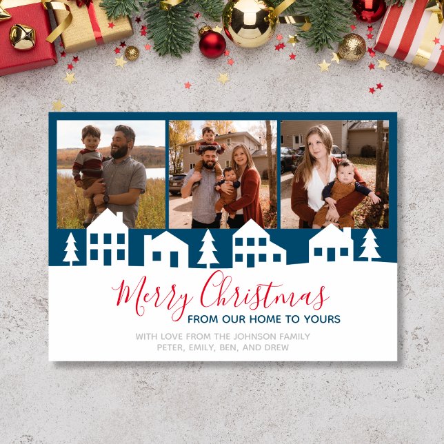 Simple Christmas Village  Holiday Card (3 photo Christmas Card with simple Christmas village)