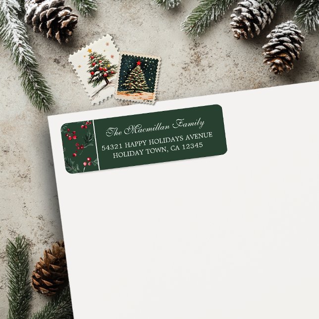 Simple Christmas Watercolor Botanical Dark Green Label (Simple Christmas Watercolor Botanical Dark Green Return Address Labels)