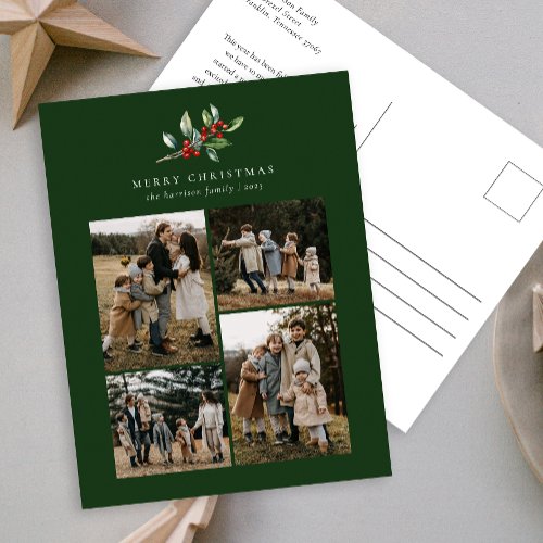 Simple Christmas Watercolor Floral Photo Collage Holiday Postcard