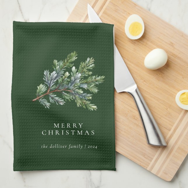 Simple Christmas Watercolor Greenery  Kitchen Towel (Quarter Fold)