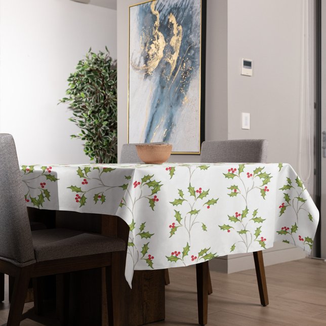 Simple Christmas Watercolor Holly Berries Greenery Tablecloth (Christmas holiday holly berried pattern tablecloth)