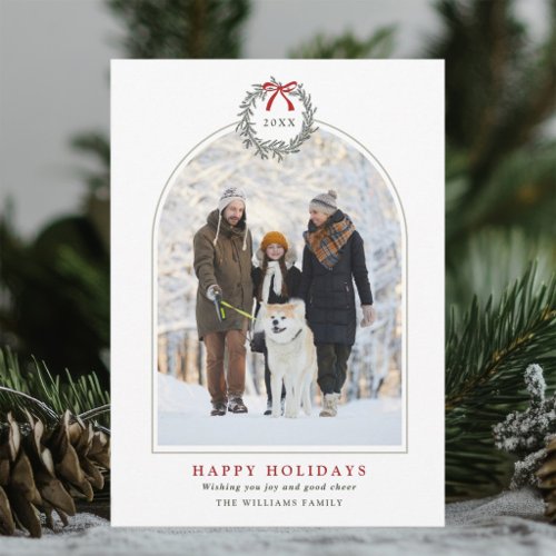 Simple Christmas Wreath Arched Family Photo Holiday Card