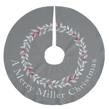 Simple Christmas Wreath Design - Grey & Red Brushed Polyester Tree Skirt by HolidayCreations at Zazzle