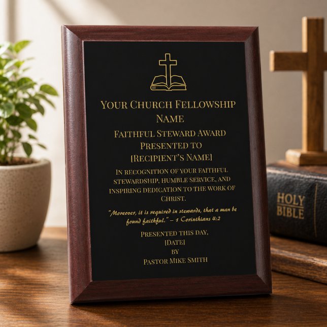 Simple Church Member Monoline Cross & Bible Award Plaque (Please Note: The gold in this image is simulated, and no metal/foil will be used in the production o)