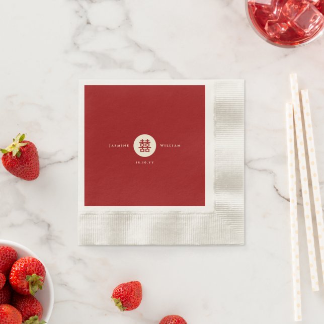 Simple Circle Red Double Happiness Chinese Wedding Napkins (Insitu)