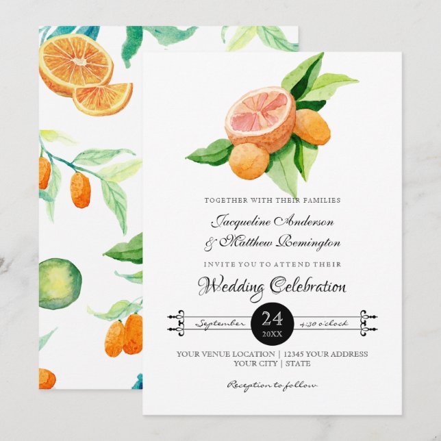 Simple Citrus Kumquat Lemon Orange Typography Leaf Invitation (Front/Back)