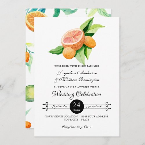 Simple Citrus Kumquat Lemon Orange Typography Leaf Invitation