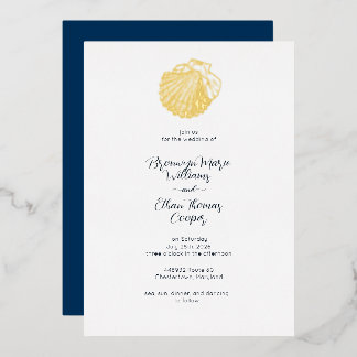 Simple Clam Seashell and Deep Prussian Blue Foil Invitation