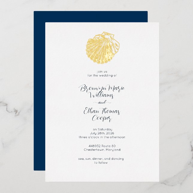 Simple Clam Seashell and Deep Prussian Blue Foil Invitation (Front/Back)