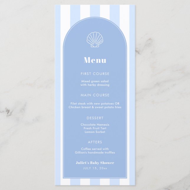 Simple Clam Shell Blue And White Coastal Wedding Menu (Front)