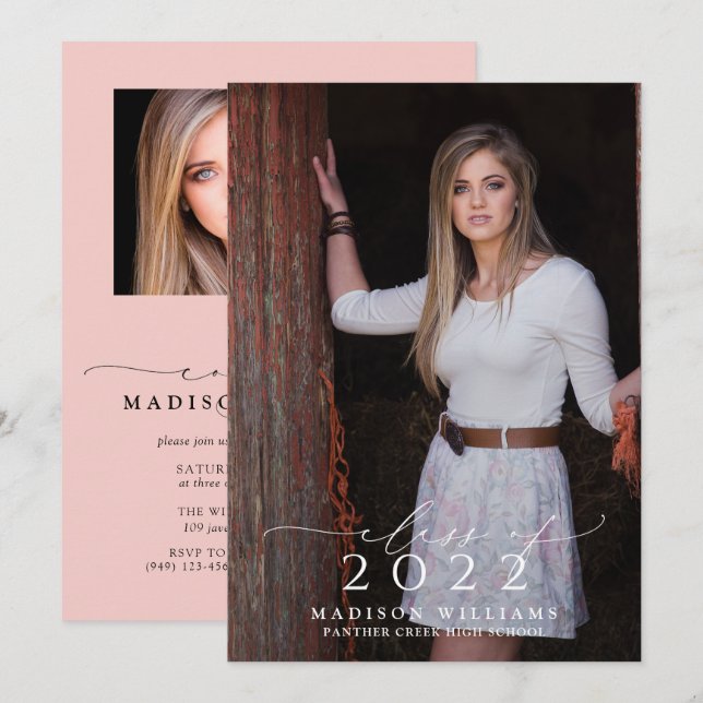 Simple Class of 2022 Pink 2 Photo Graduation Party Invitation (Front/Back)