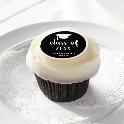 Simple Class of Year Black Mortar Board Graduation Edible Frosting Rounds