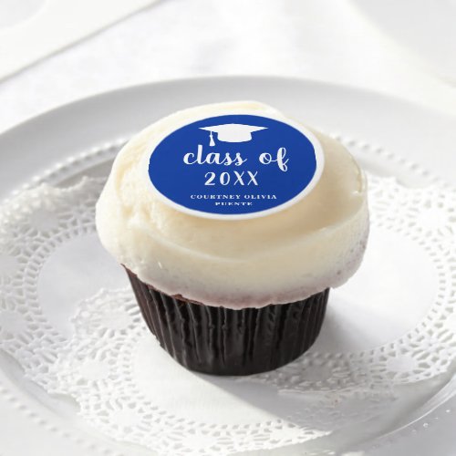 Simple Class of Year Mortar Board Blue Graduation Edible Frosting Rounds