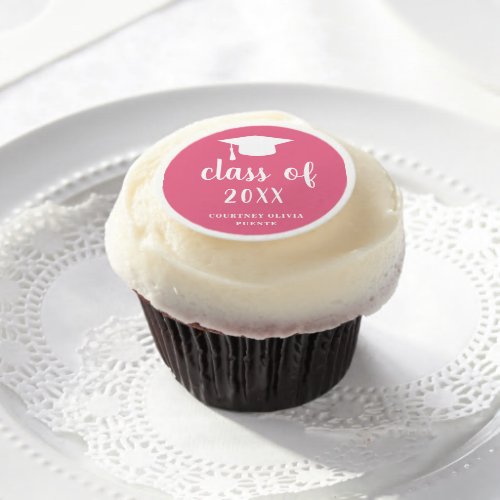 Simple Class of Year Mortar Board Pink Graduation Edible Frosting Rounds