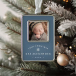 Simple Classic Baby's First Christmas Photo Christmas Ornament<br><div class="desc">A beautiful classic design to commemorate baby's first Christmas,  with a favorite photo on an inset panel. Personalize with baby's name in classic serif lettering,  along with the year,  on a dusty blue background with a single snowflake accent.</div>