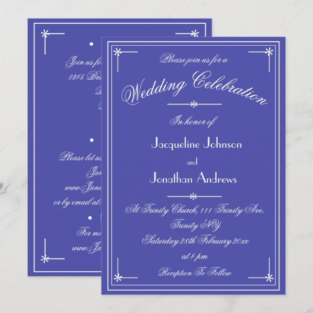Simple Classic Beautiful Blue All In One Wedding Invitation (Front/Back)