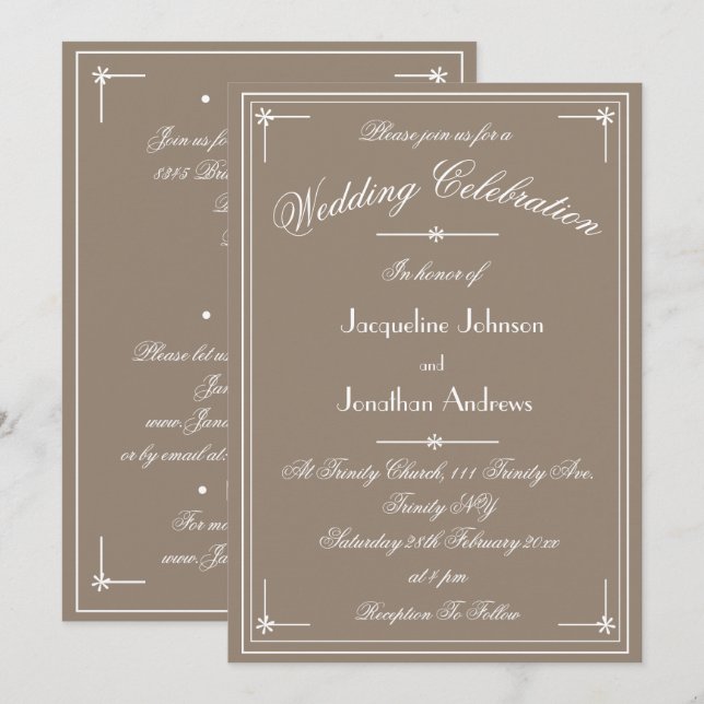 Simple Classic Beige & White All In One Wedding Invitation (Front/Back)