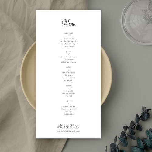 Simple classic black and white budget wedding menu flyer