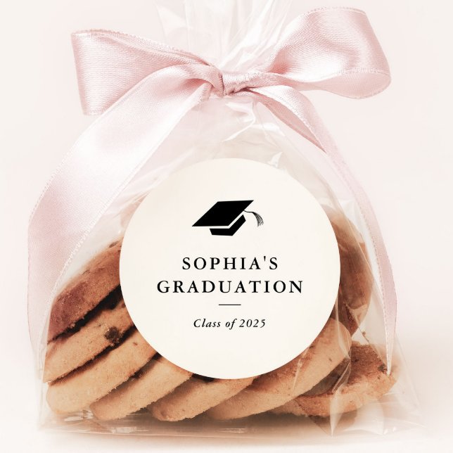 Simple Classic Black and White Graduation Favor Round Sticker (Simple classic graduation party favor sticker.)