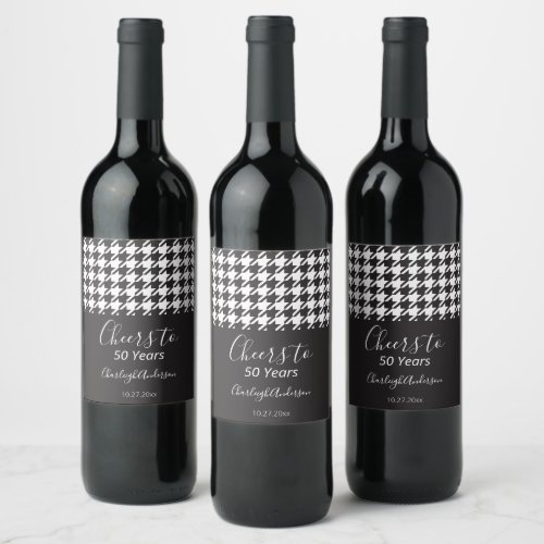 Simple Classic Black and White Houndstooth Cheers Wine Label
